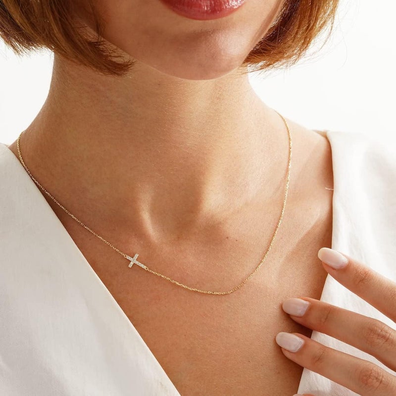 VIROMY Gold Cross Necklace for Women 14K Gold Plated Cute Sidways Cross Pendant Choker Necklaces Simple Trendy Everyday Jewelry for Women - Image 2